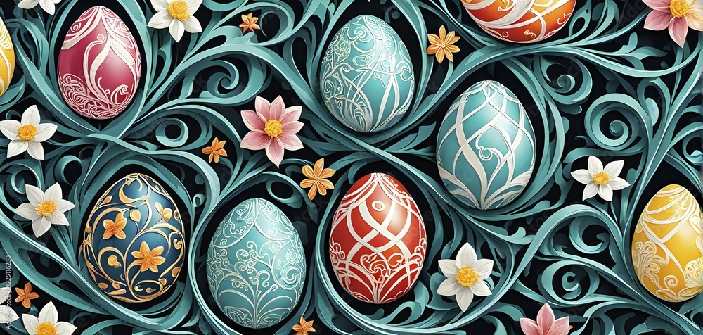 Poster a whimsical abstract pattern with intertwined ribbons, eggs, and floral motifs, with a mix of sharp 
