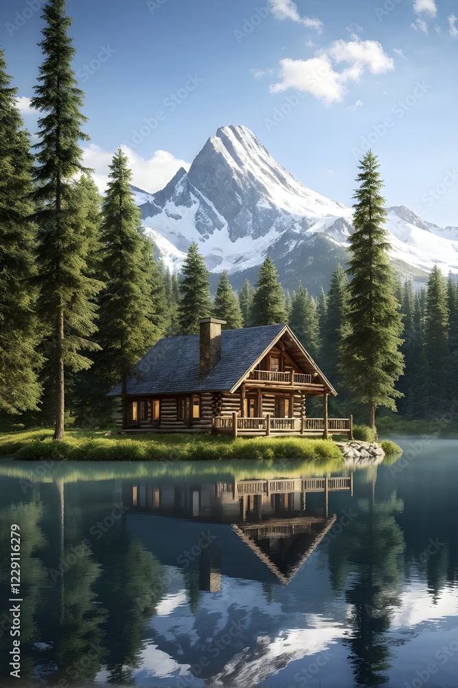 Poster rustic log cabin nestled in a dense evergreen forest with reflection in a tranquil lake, ai generate