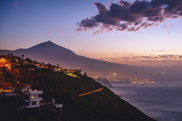 View of Pico del Teide at dusk, north coast Tenerife, Mirador de Las Breñas, El Sauzal, near...