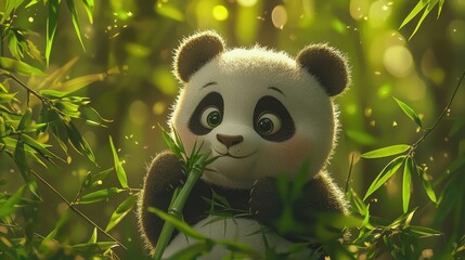 Cute cartoon panda holding bamboo in lush green forest setting