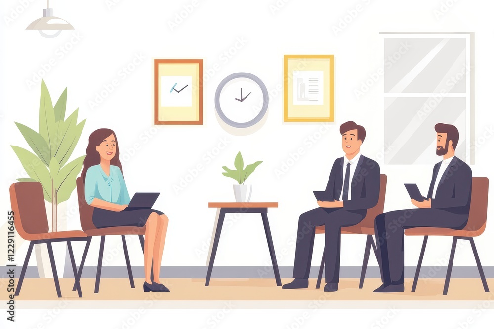 Poster managers conducting an interview with a new employee in a modern office environment, managers at an 