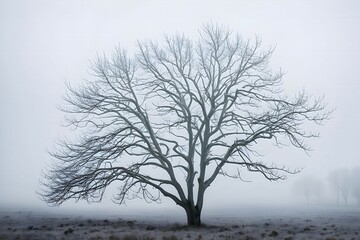 Fototapeta premium Bare tree covered in frost, isolated against a foggy, white winter landscape, AI generated