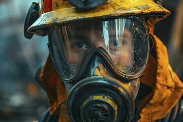Fototapeta premium Face of young male firefighter with helmet. Generative Ai, AI generated