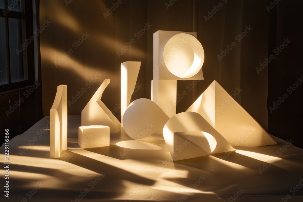 Poster geometric shapes cast intriguing shadows under warm light, creating a minimalist and abstract scene.