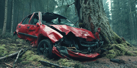 red car that crashed into large tree in forest, showcasing significant damage and surrounded by moss and fallen branches. scene evokes sense of abandonment and nature reclaiming area