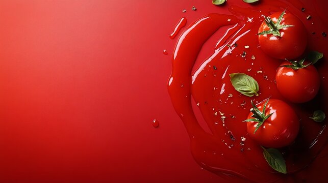 Fresh tomatoes with basil leaves and tomato sauce on a vibrant red background in a kitchen setting