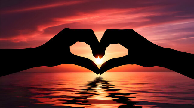 Naklejki A silhouette of two hands forming a heart shape against a breathtaking sunset. The sky is painted with shades of deep orange, pink, and purple, reflecting on a calm ocean. The romantic atmosphere