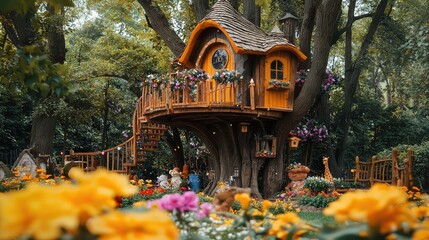 Fototapeta premium Enchanting Treehouse Surrounded by Colorful Flowers and Nature