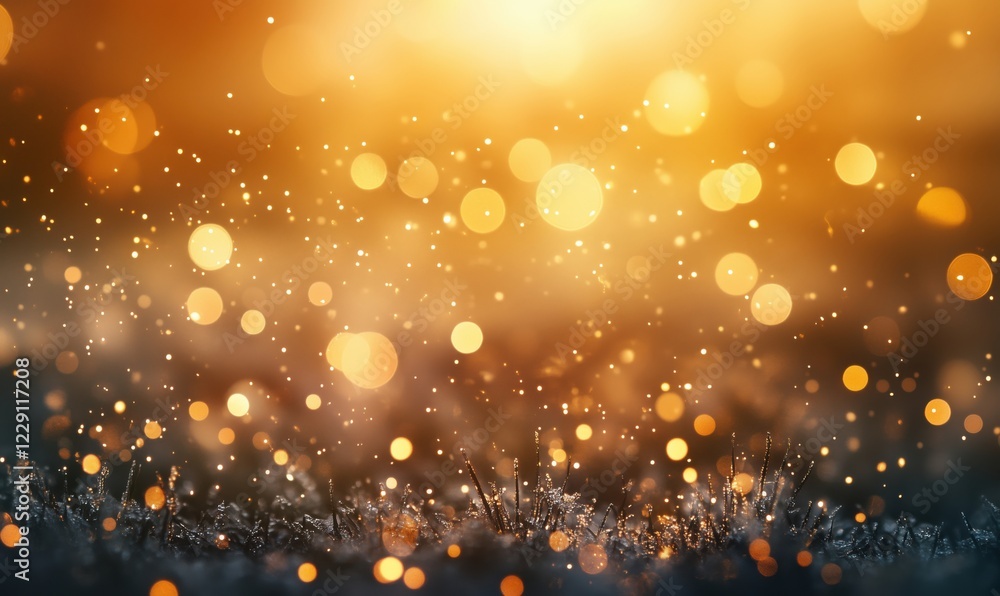 Poster golden bokeh background with sparkling dew drops on grass, creating a magical atmosphere of light an