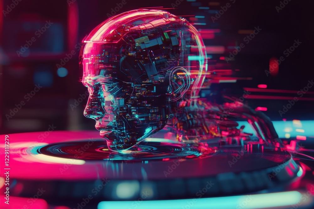 Poster cyborg head with artificial intelligence displaying futuristic technology on rotating platform, robo