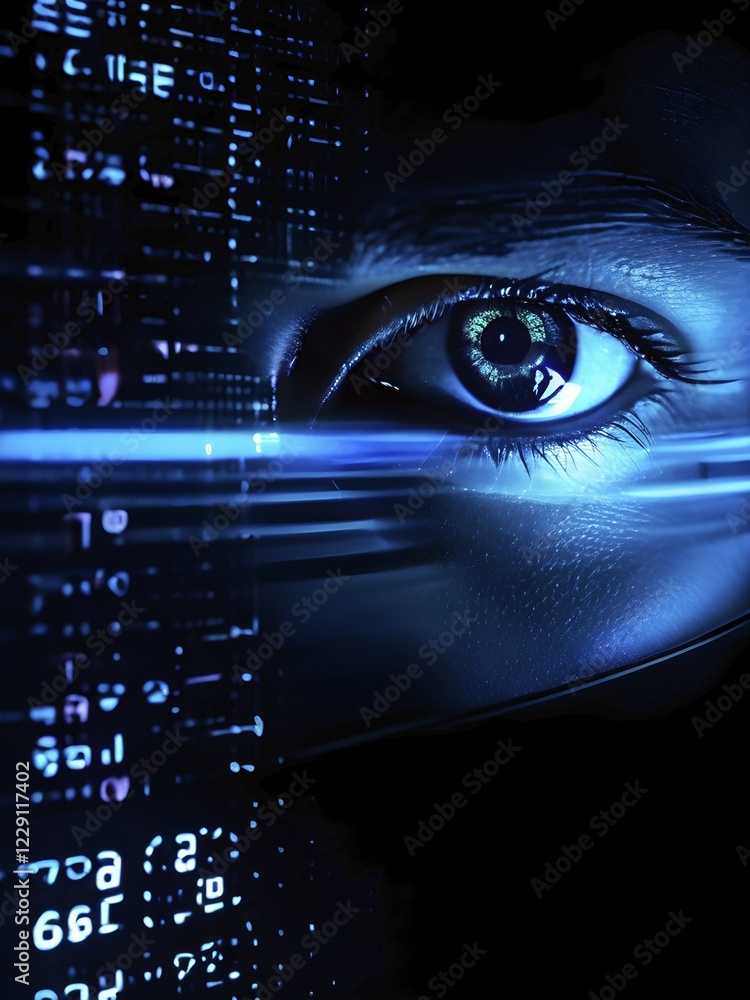 Poster ai generated close up on security camera cyber hackers face digitally imposed on the lens symbolizin