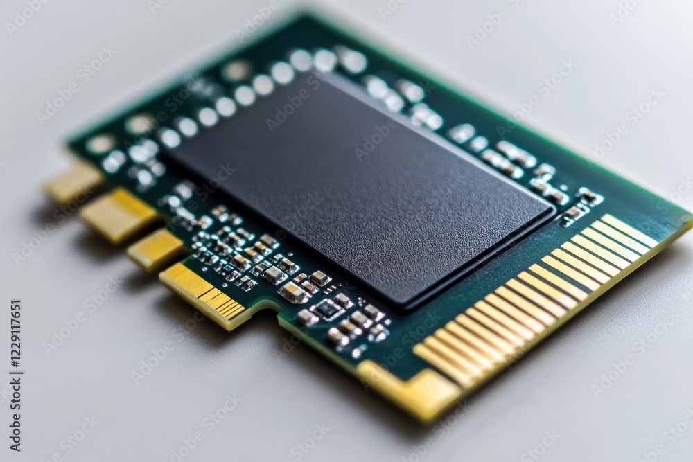 Poster a detailed view of a computer chip on a table, suitable for use in technology or educational context