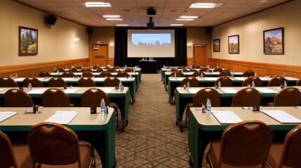A modern meeting room with elegant lighting, comfortable chairs, and professional decor.