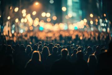 Obraz premium Massive defocused crowd gathered in downtown at night amidst shimmering lights, Massive defocused crowd downtown at night Cinematic