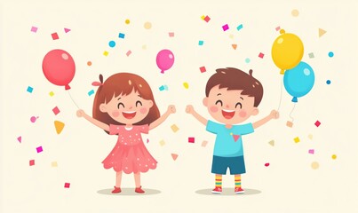 Children celebrating with balloons and confetti, joyful expressions, colorful party atmosphere, festive decorations, cheerful mood