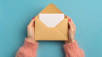 Hands in a cozy sweater hold an open envelope showcasing a blank card on a calm blue surface, inviting creative expression and thoughtfulness