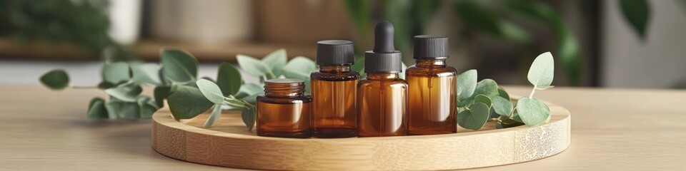 A natural home decor setup featuring a wooden tray filled with bottles of essential oils and surrounded by leaves