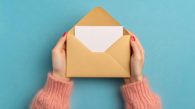 Hands in a cozy sweater hold an open envelope showcasing a blank card on a calm blue surface, inviting creative expression and thoughtfulness