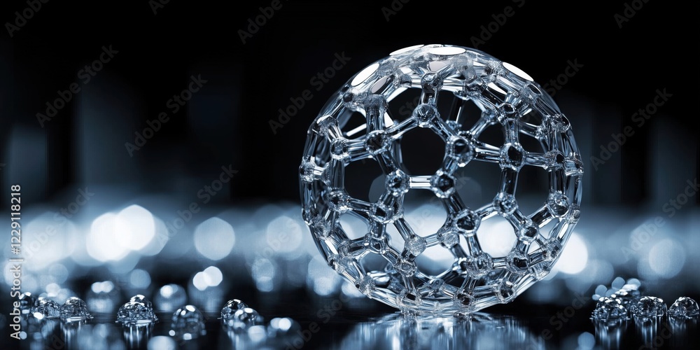 Poster intricate crystal sphere showcasing geometric patterns and reflections, surrounded by blurred bokeh 