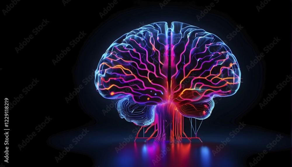 Poster abstract digital brain made of interconnected lines and glowing circuits in neon colors, representin