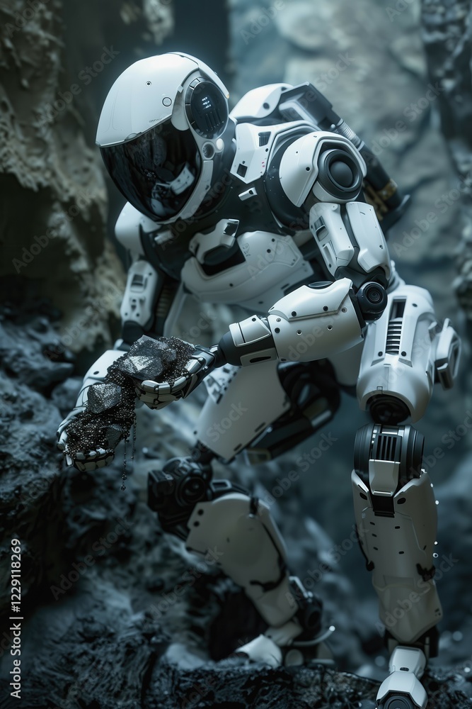 Poster robot collecting samples of cobalt crust and polymetallic nodules in a deep sea canyon, ai generated