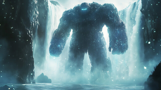 awe-inspiring Juggernaut Titan towering over a crystal-clear waterfall, surrounded by mystical mist and glowing particles