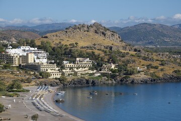 Tourist resorts in Vlicha Bay, Rhodes, Dodecanese, Greece, Europe