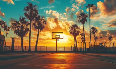 Sunset Basketball Court Surrounded by Palm Trees with Vibrant Sky and Ocean View