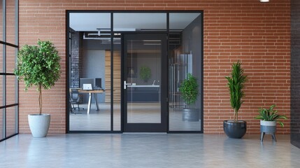 A sleek industrial-style steel door with a glass panel, leading to a modern loft space.