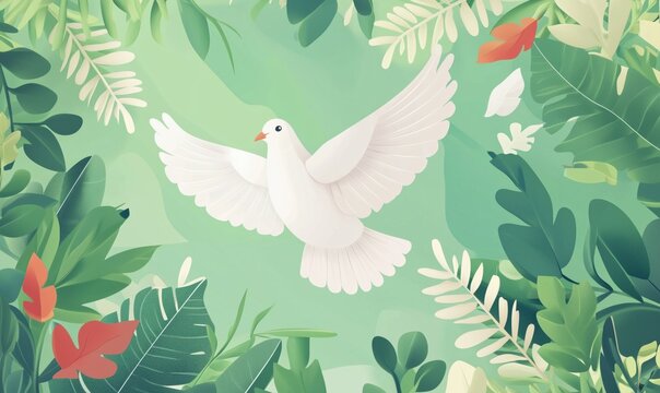 White dove soaring amidst lush green foliage and vibrant leaves, symbolizing peace and freedom in nature