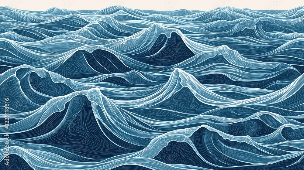 Poster abstract ocean waves pattern with flowing lines in blue tones