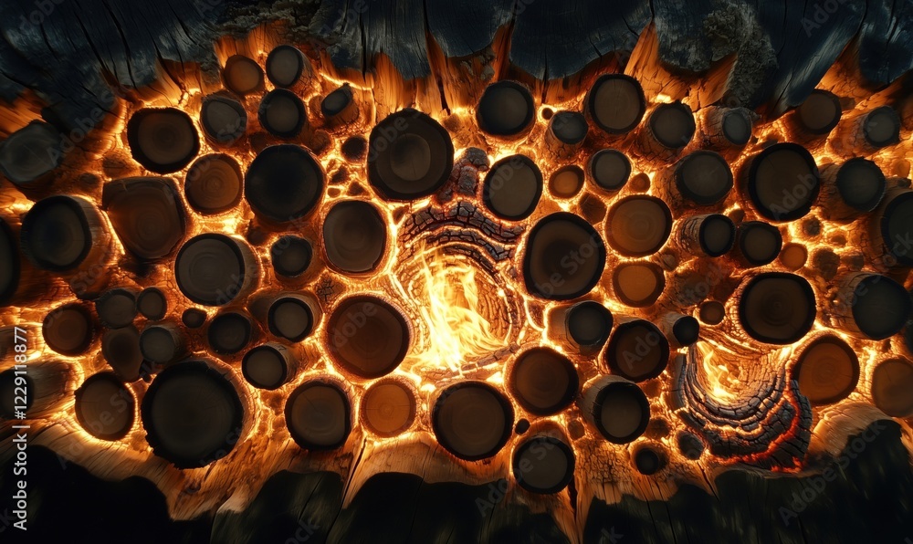 Poster burning wood logs with glowing edges creating a mesmerizing pattern of light and texture