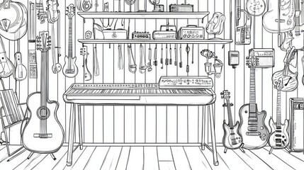 Artistic representation of a music studio with various instruments