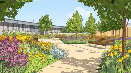 Obraz premium Vibrant Community Garden with Blooming Flowers and Serene Benches