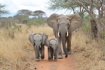 Obraz premium Family of elephants walking through the dusty paths of Tsavo National Park in Kenya during a tranquil afternoon, A family of elephants walk in the Tsavo reserve