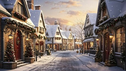 Obraz premium Wintery street scene in a small village with snow-covered rooftops in a warm golden light streaming from the windows, AI generated
