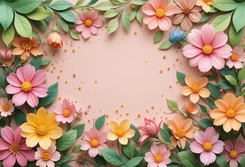 Fototapeta premium A vector illustration of paper cut spring flowers and leaves with a white background