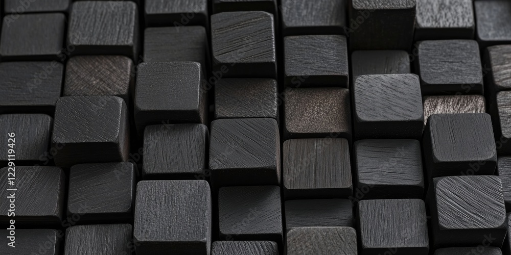 Poster black wooden blocks arranged in a textured pattern showcasing various shades and finishes, emphasizi