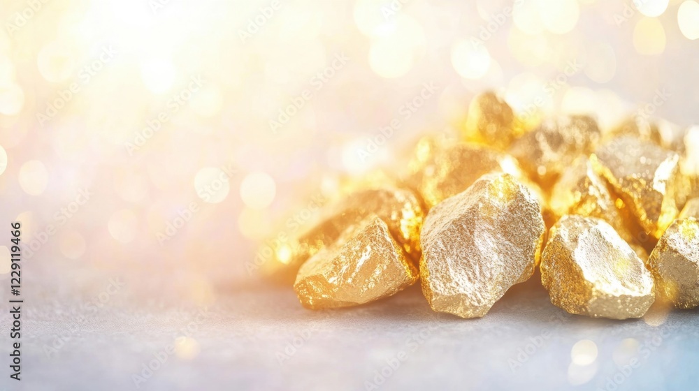 Poster golden nuggets sparkle in bright sunlight, showcasing their brilliant luster and unique shapes on a 