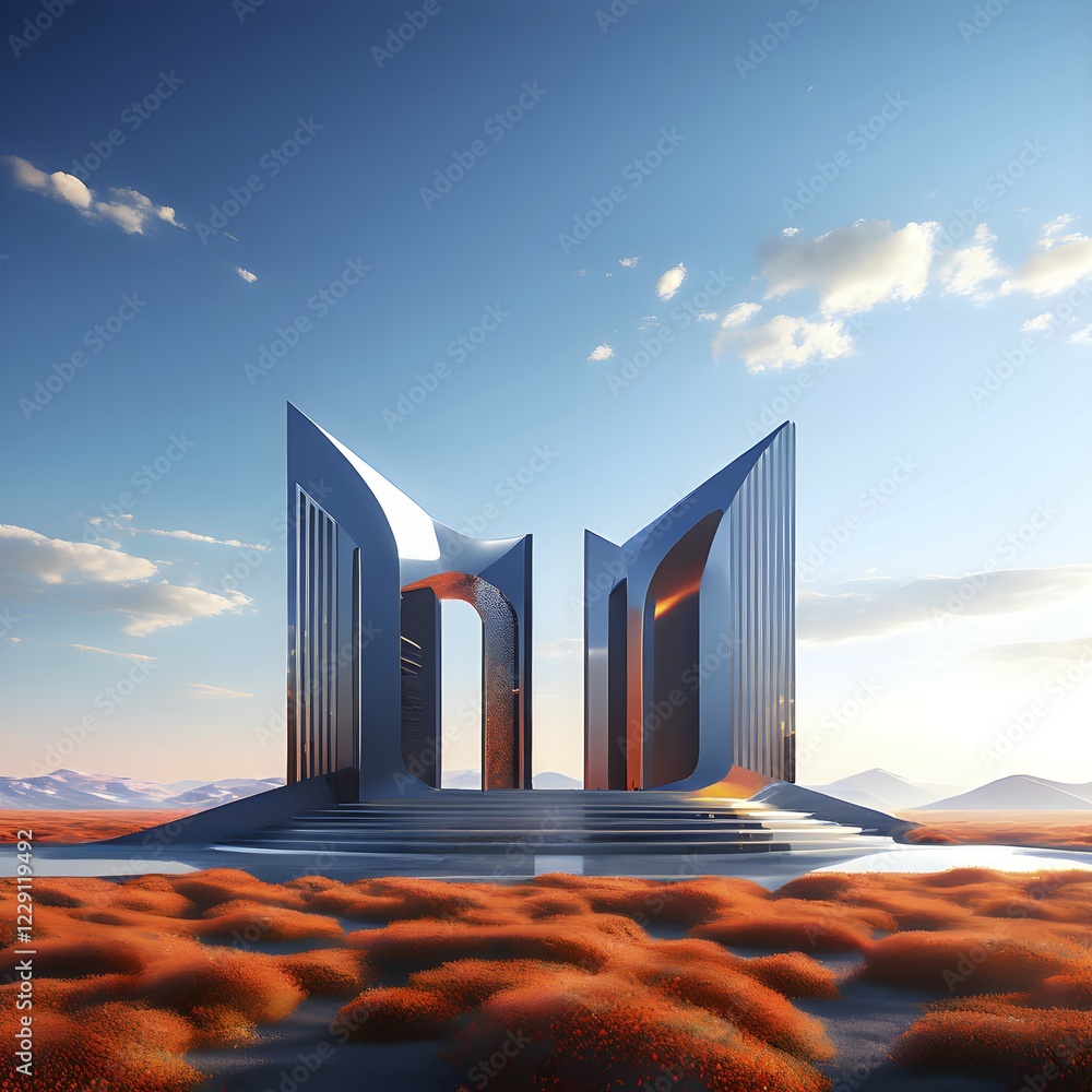Poster minimalistic grey colored architecture in geometric adorned structures against a surreal backdrop, a