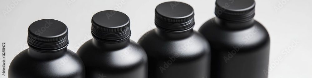 Poster a collection of black bottles arranged side by side, possibly for display or storage