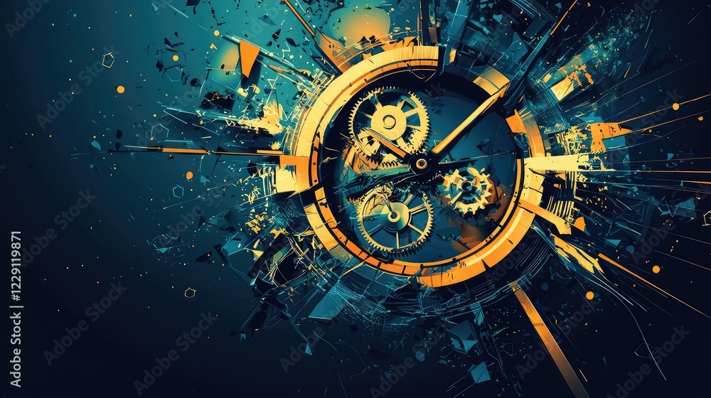 Poster abstract clock design with gears and colorful explosive effects