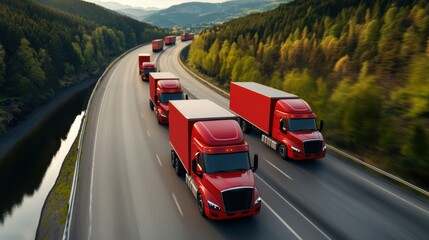 Fototapeta premium A fleet of red trucks travels along a scenic highway surrounded by lush greenery, showcasing efficient logistics and the beauty of nature.