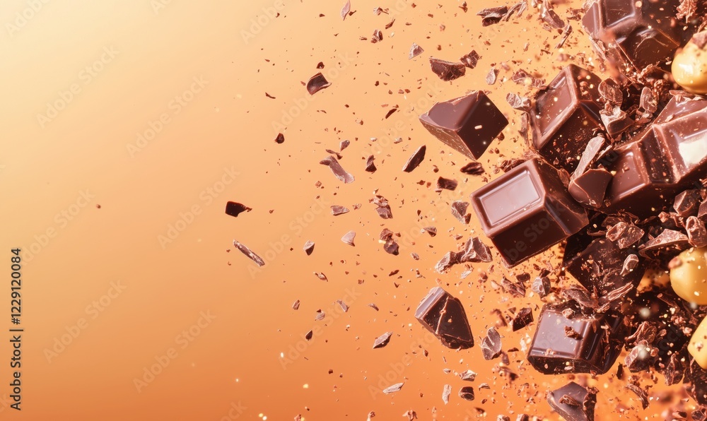 Poster exploding chocolate pieces with shattered fragments and smooth background