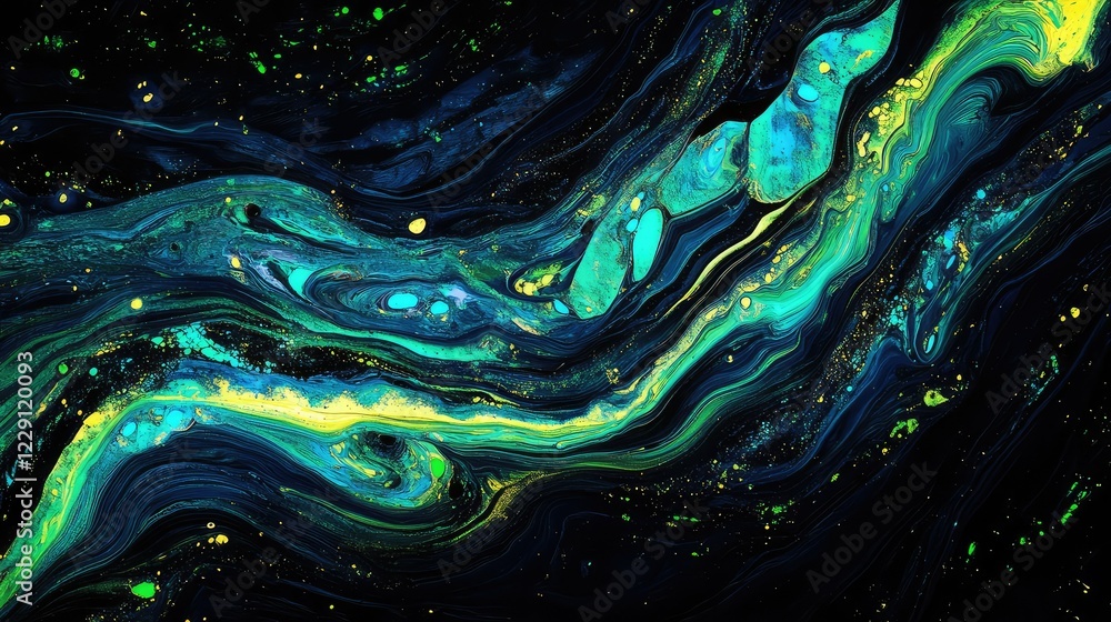 Aufkleber abstract cyan and yellow fluid art design featuring swirling and flowing patterns on a dark backdrop
