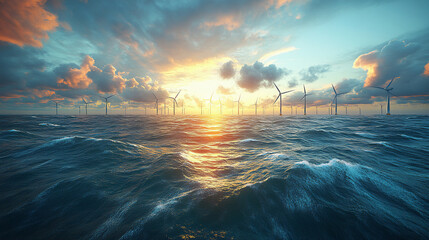Vast ocean under a glowing sunset with wind turbines, symbolizing renewable energy and sustainable technology