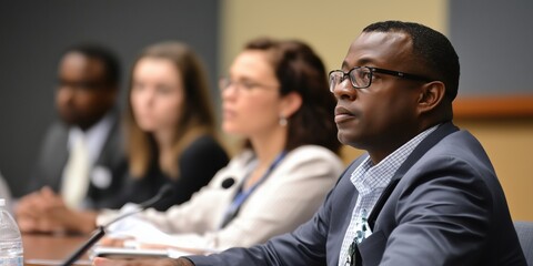 Diverse panel discussion featuring professionals engaged in dialogue, showcasing focus and collaboration in a conference setting