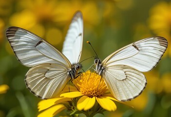 Obraz premium A close-up photo of a white butterfly on a yellow flower