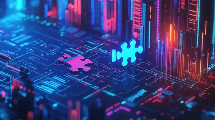 Cybernetic Puzzle: Digital Solution, Neon Cityscape, Futuristic Technology, Problem Solving, Abstract Art