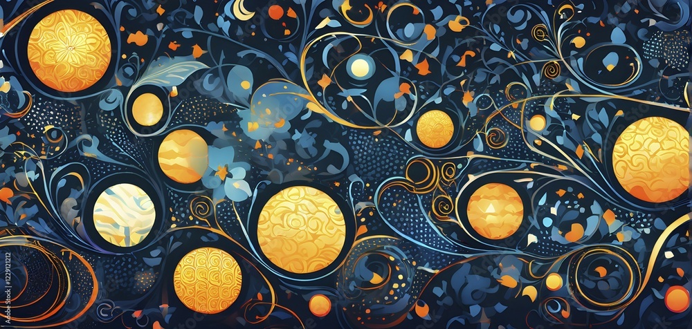 Poster a whimsical abstract pattern with intertwined ribbons, eggs, and floral motifs, with a mix of sharp 